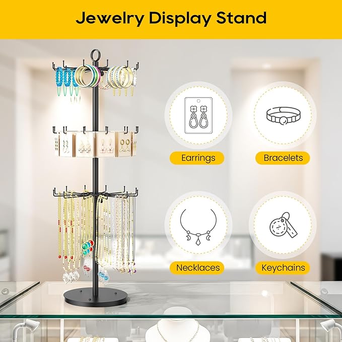 ORLESS 3 Tier Rotating Jewelry Display Stand, Keychain Display Stand with 36 Hooks, Black Metal Retail Display Spinning Holde
