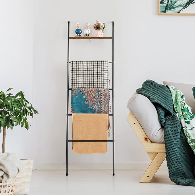 Blanket Ladder Holder for Living Room Farmhouse Decorative Ladder Holder with Storage Shelf, Wall Leaning Quilt Towel Rack fo