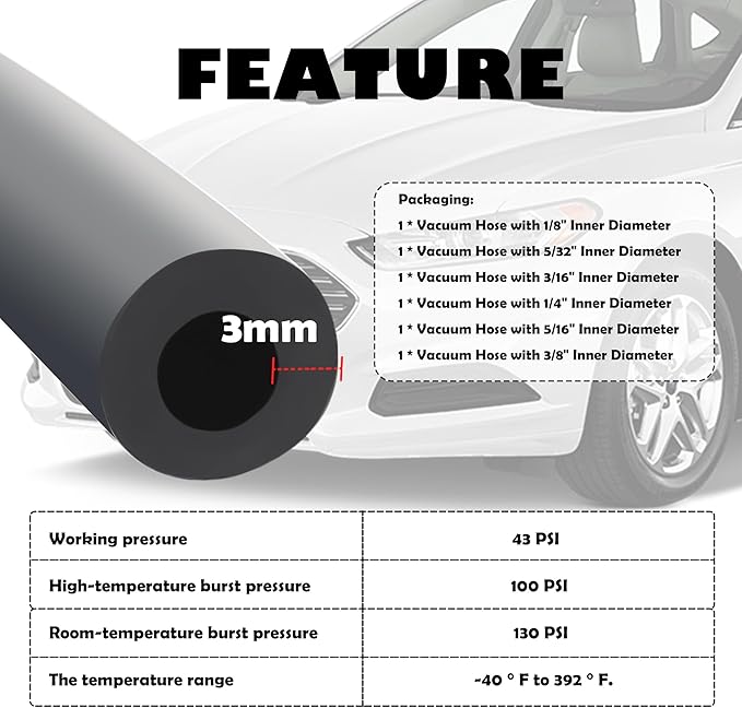 6PCS 5Ft Vacuum Hose Automotive,Silicone Vacuum Hose with ID 1/8" 5/32" 3/16" 1/4" 5/16" 3/8",130PSI Max Pressure Vacuum Line