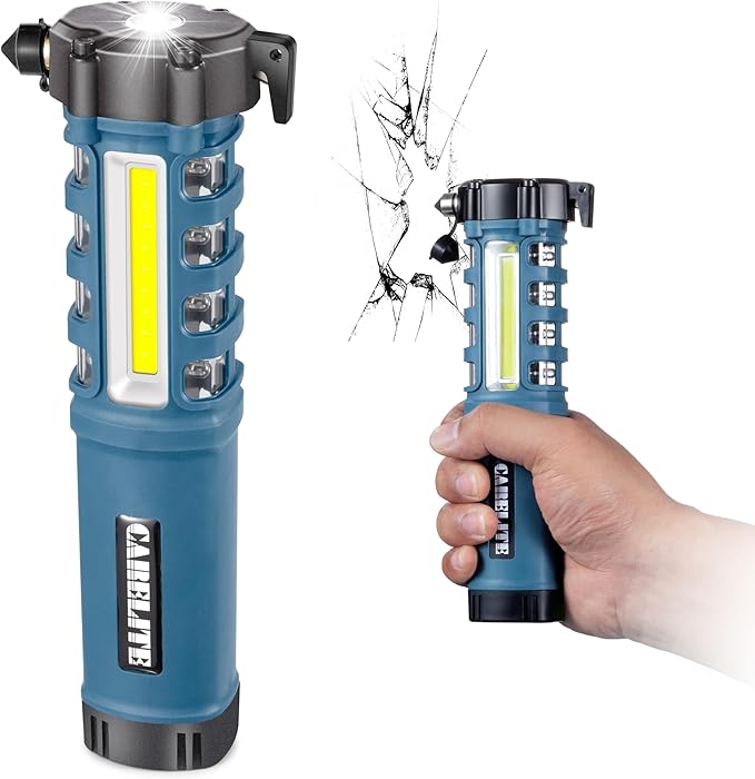 Emergency Car Flashlight with Seatbelt Cutter and Window Breaker, LED Work Light & Flash Beacon, Life-Saving Car Escape Tool 