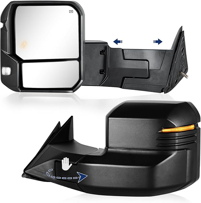 Towing Mirror Compatible with 2022-2025 Tundra with Blind Spot Monitoring Power Adjusted Heated Glass Turn Signal Backup Lamp Manual Telescoping & Folding Pair