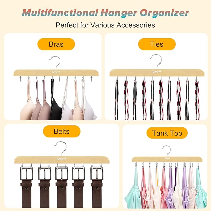 Gomyrod Bra Hanger for Closet, Tank Top Hangers 2 Pack w/20 Hooks Holds 40 Bras, Capacity Foldable Wood Space Saving Hanger, 