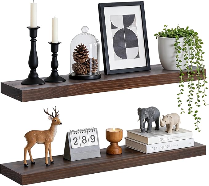 Floating Wall Shelves 30x6.8x1.7 Inch – Solid Wood Rustic Shelves in Walnut Finish – Wall Mounted Heavy Duty Display Shelf fo
