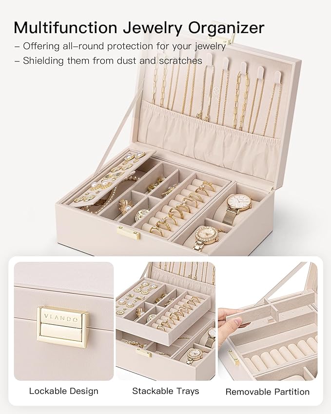 VLANDO 2 Layer Jewelry Boxes Large Jewelry Organizer for Women Removable Jewelery Tray for Watch Necklace Earrings Rings Brac