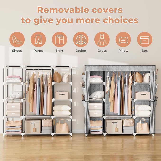 VTRIN Portable Closet Wardrobe for Hanging Clothes 57.3 Inch Large Capacity Clothes Rack with Cover, 10 Storage Organizer She