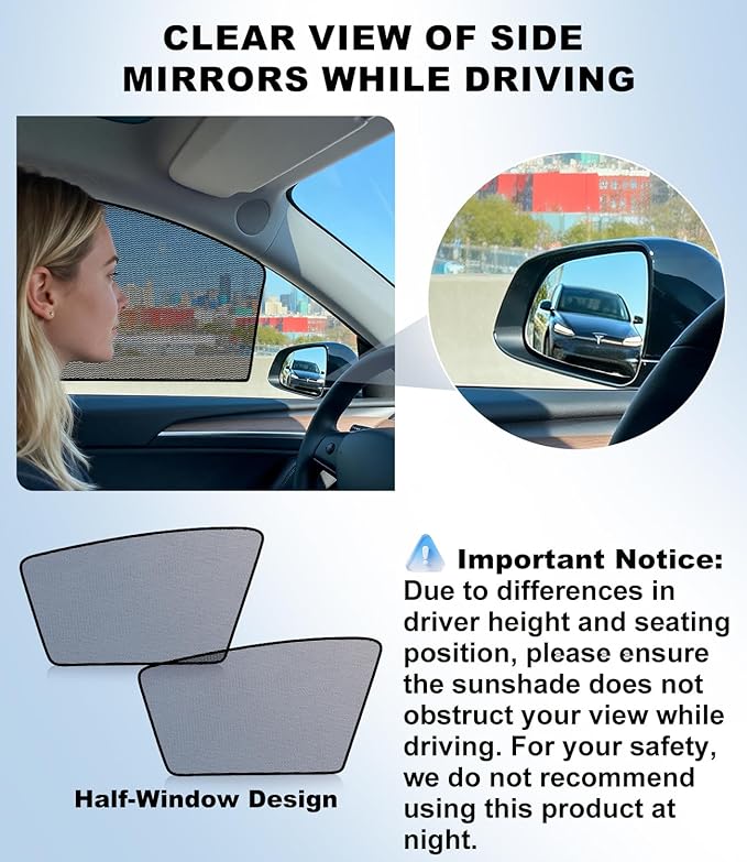 XCBYT Car Window Shades for Tesla Model 3 Highland 2024-2026, Static Cling Privacy Rear Side Window Covers, Clear Front Half Window Shades, Easy Install, No Residue (4 PCS)