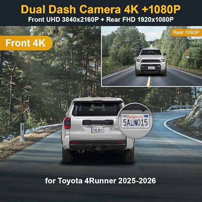 Fitcamx Front 4K+Rear 1080P Dash Cam Adapts for Toyota 4Runner 2025-2026 & Hybrid (HD2-35030), Integrated Factory Look, 2 Way