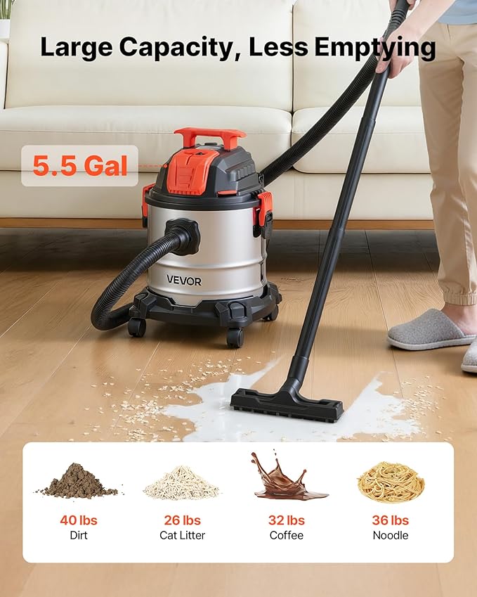VEVOR Shop Vac, 5.8 Gallon Wet Dry Shop Vacuum, 4 Peak HP with One-Button Self-Cleaning, Dual-Filter, 900W Input Power, 1.25i
