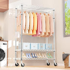 M MZG Heavy Duty Rolling Garment Rack 3 Tiers Adjustable Wire Shelving Clothes Rack with Rods and Side Hooks,Storage Closet C