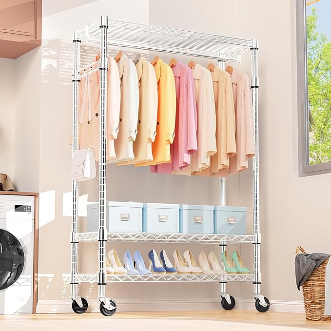 M MZG Heavy Duty Rolling Garment Rack 3 Tiers Adjustable Wire Shelving Clothes Rack with Rods and Side Hooks,Storage Closet C