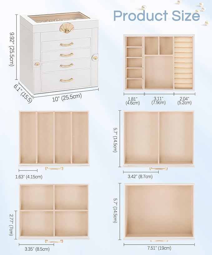 Enthralite Jewelry Box with 4 Drawers: Display Organizer for Earrings Necklaces - Christmas Gifts for Girls Women (White)