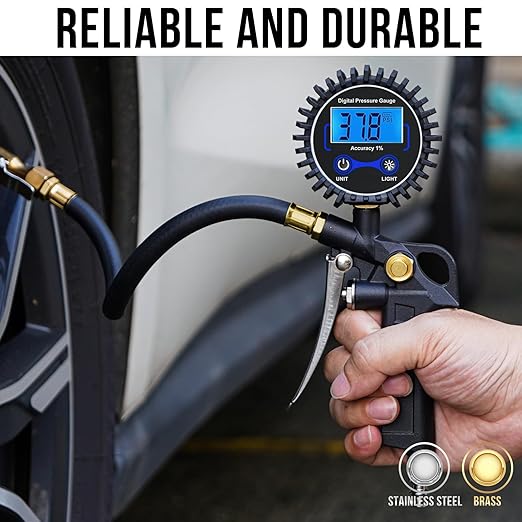 Digital Tire Pressure Gauge with Inflator, 3-250 PSI Air Compressor Accessories with Air Chuck Quick Connect Coupler, Car Attachments with Rubber Hose for Car, Truck, SUV, Cycle, RV