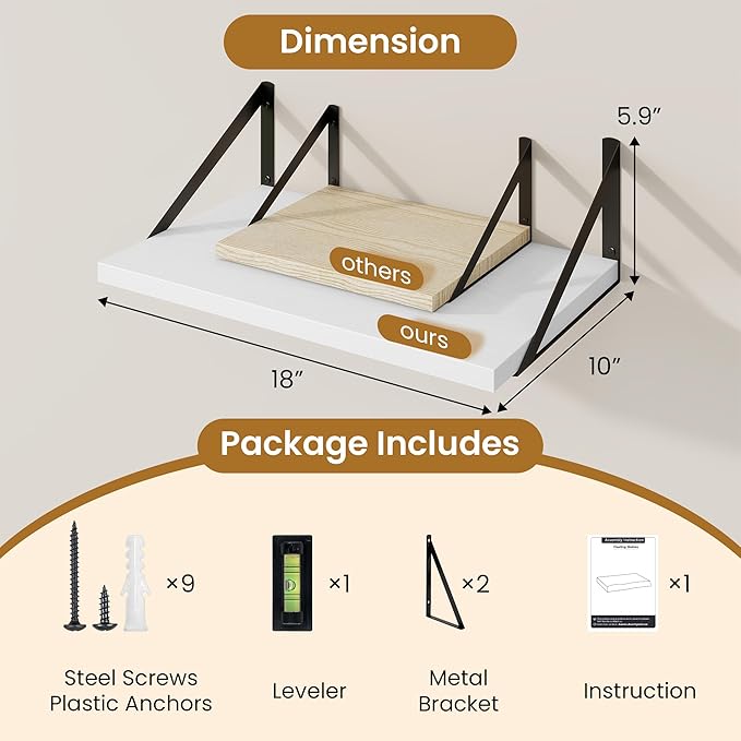 Floating Shelves for Wall,18" Wall Mounted Shelves Set of 2,Wood Floating Shelf with Bracket,Sturdy Metal Bracket Bookshelves