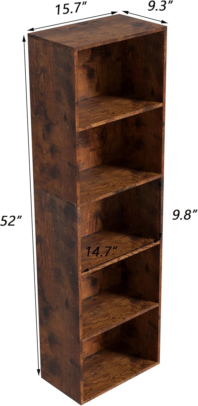 Wooden 5 Cube Storage Organizer, Vintage Brown 5 Tier Bookcase Bookshelf Freestanding Storage Display Organizer,Versatile Cub