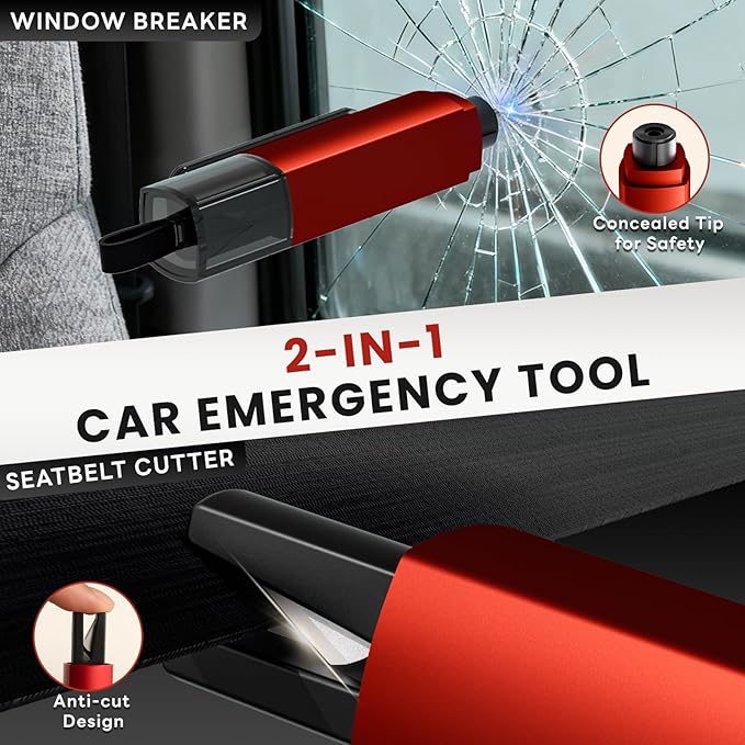4PCS Window Breaker Seatbelt Cutter Car Safety Hammer, 2-in-1 Glass Breaker and Seat Belt Cutter with Test Glass, Underwater 