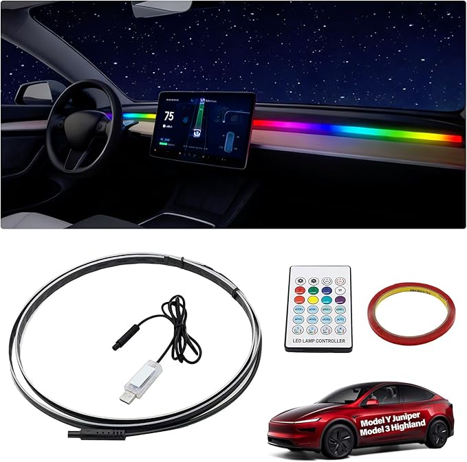 for Tesla LED Car Ambient Lighting Strip Model Y Juniper Model 3 Highland Accessories 2017-2026 LED Light Strip Dashboard Air Vents Interior Waterproof Decoration Atmosphere Ambient Lighting