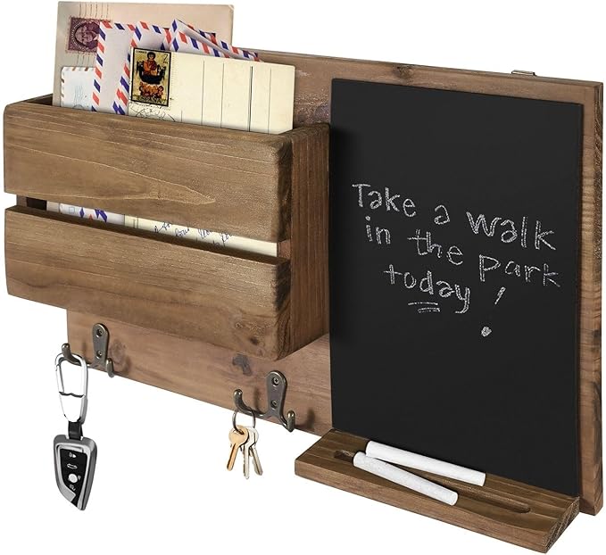 Flexzion Rustic Wood Entryway Mail Sorter Holder, Wall Mount Mudroom Storage Organizer with Blackboard Chalkboard Memo Board 