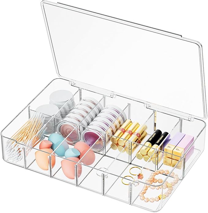 Clear Acrylic Makeup Organizer with Cover - 12 Compartments Cosmetic and Jewelry Organizer for Vanity and Desk Storage