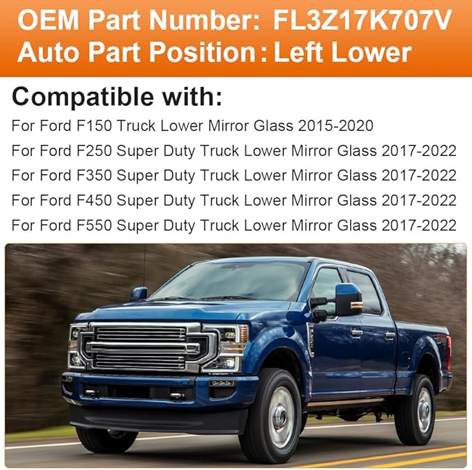 Senzeal Driver Side Heated Lower Mirror Glass Replacement for Ford F150 Truck 2015-2020 Ford F250 F350 Super Duty F450 F550 Truck 2017-2022 Towing Mirror FL3Z17K707V (Left Side)
