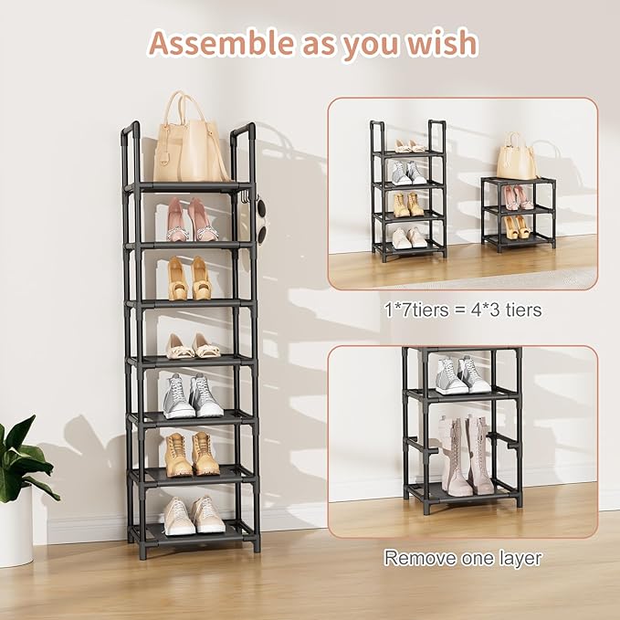 LANTEFUL Tall Shoe Rack 7 Tier Narrow Shoe Shelf Storage for 7-14 Pairs Shoe and Boot, Sturdy Shoe Storage Space Saving Corne