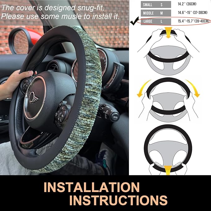 PINCTROT Large Size Chenille Leather Steering Wheel Cover, Soft Mottled Colors, Sweat-Proof, Non-Slip Grip, All-Season Comfor
