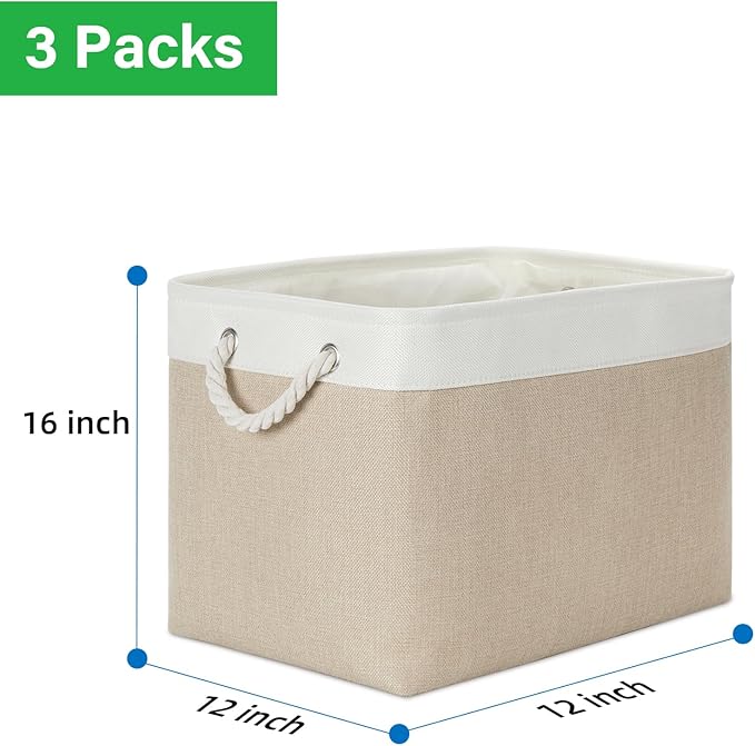 Bidtakay Large Storage Baskets for Organizing Fabric Closet Organizers Storage Bins with Handles 3-Pack 16x11.8x11.8 Inch Col