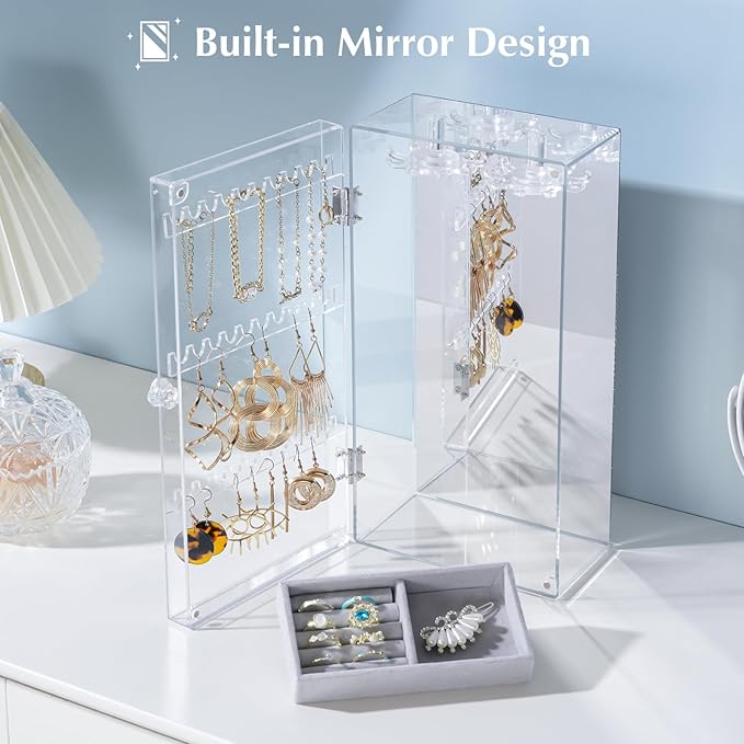 Lolalet Earring Holder Organizer, Acrylic Jewelry Organizer Rotating Clear Earrings Display Box, Dust-proof Jewelry Storage C