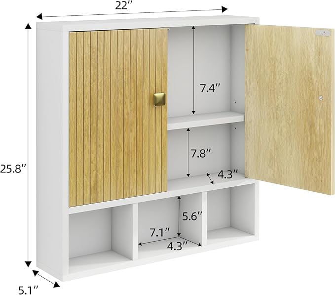 Bathroom Wall Cabinet,Wooden Medicine Cabinet with Fluted Doors Over The Toilet Storage Cabinet with Adjustable Shelf for Bat
