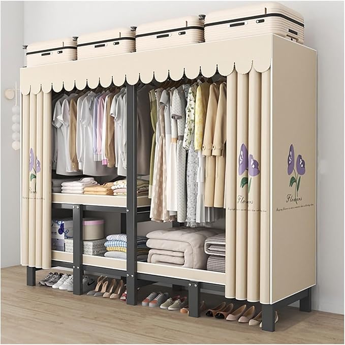 Foldable Portable Wardrobe Closet with Cover, Clothes Storage Closet, Clothing Racks for Hanging, Metal Organizer Rack Shelf 