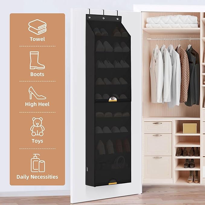 STORAGE MANIAC Over the Door Shoe Organizer with Curtain Dustproof Heavy-Duty Large Deep Pocket Hanging Shoe Organizer for Cl