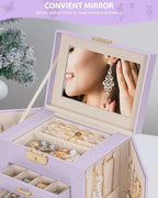 AKOZLIN 4-Tier Jewelry Box Leather Jewelry Storage Organizer with 3 Drawers Lockable for Women Girls Ring Necklace Earring Br