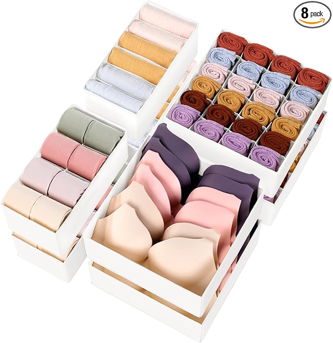 Criusia Underwear Sock Drawer Organizer Dividers 8 Set, Foldable Dresser Closet Organizers and Storage Bins for Baby Clothing