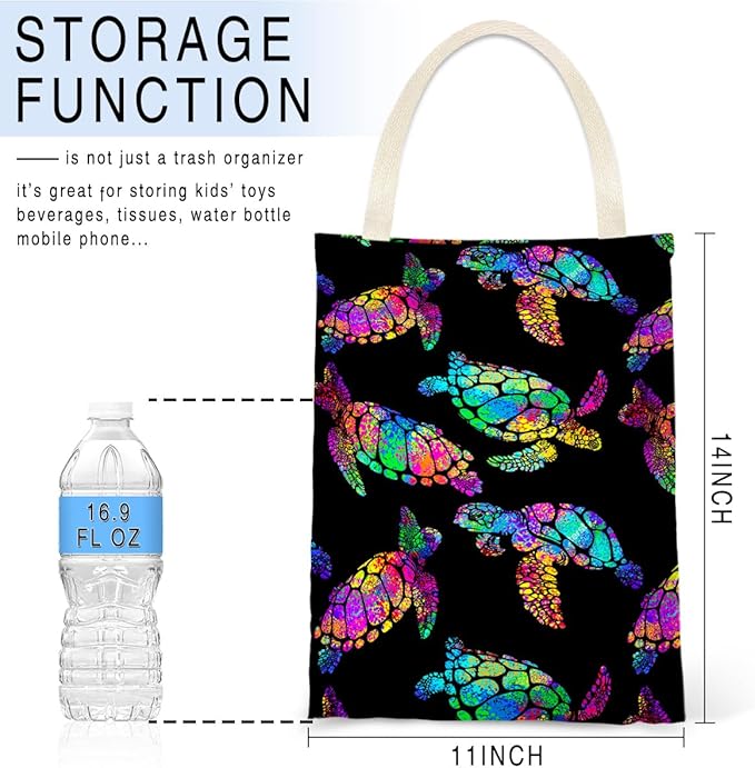 IRADA Car Trash Bag Hanging No Snap Small Garbage Bag for Car Back Seat - Cute Printed One-handed Strap Trash Bags - Rainbow Turtle
