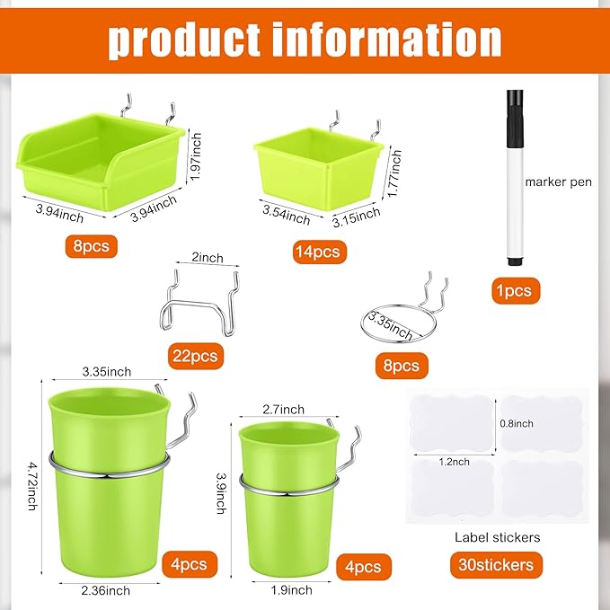 Sieral 64 Pieces Pegboard Bins Pegboard Cups with Hooks and Loops Peg Hooks Assortment Organizer Accessory for Organizing Acc