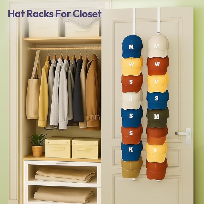 SWTYMIKI Over Door Hat Organizer - 2 Packs Metal Wall Mounted Hat Rack with 16 Hooks Design, Hanging Baseball Cap Organizer S
