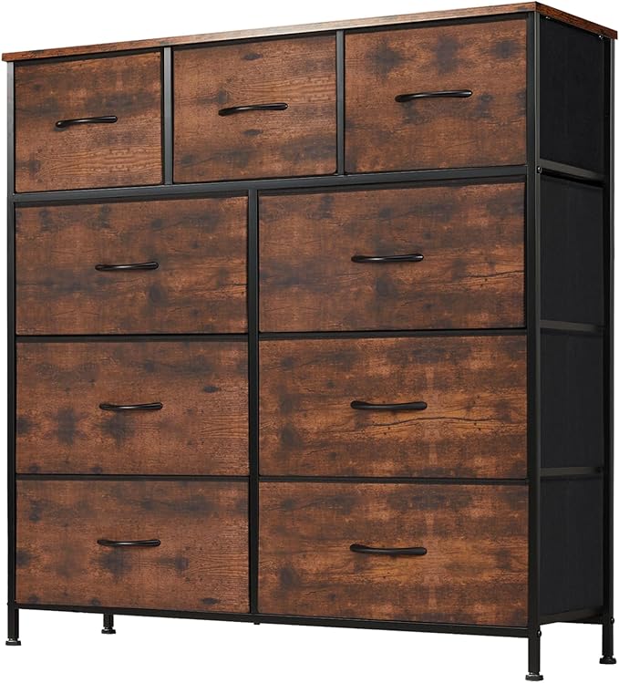 DUMOS Dresser for Bedroom, Storage Organizer with 9 Drawers, Chest of Drawers with Fabric Bins, Sturdy Metal Frame, Wood Tabl
