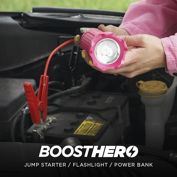 BoostHero Portable Car Battery Jump Starter, 6,000mAh Power Bank, LED Flashlight, with Smart Jumper Cables for up to 6.0L Gas/4.0L Diesel Engines (Pink)