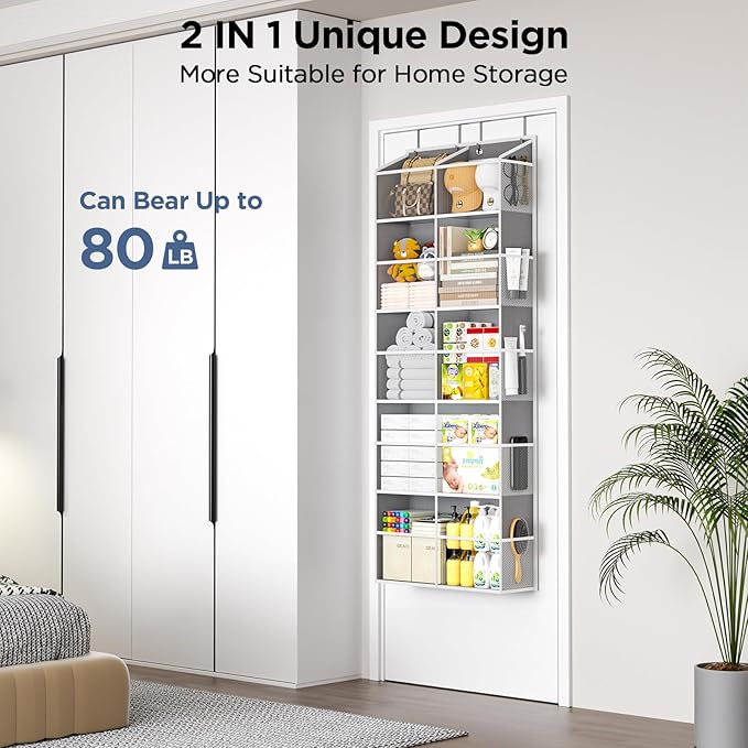 2 Pack 5-Tier Over The Door Organizer with 10 Side Mesh Pockets & Clear Windows, 80 lbs Weight Capacity Hanging Storage for B