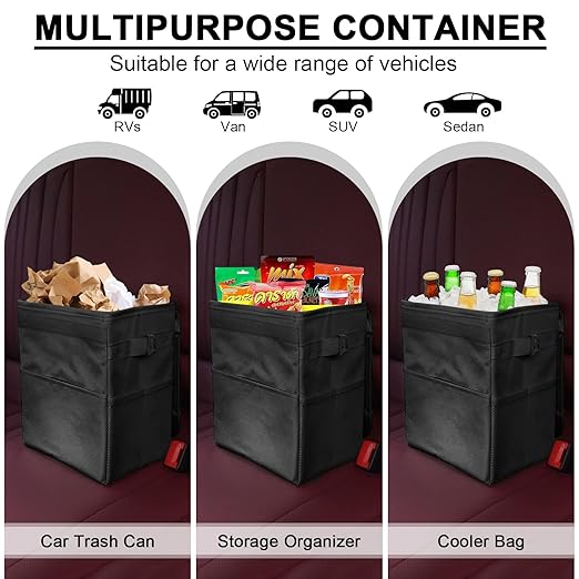 Car Trash Can Bin with Lid - Collapsible Car Garbage Can with Storage Pockets-Black Mini Leakproof Vehicle Trash Bag-Small Automotive Organizers and Storage for Back/Front Seat SUV Truck Accessories