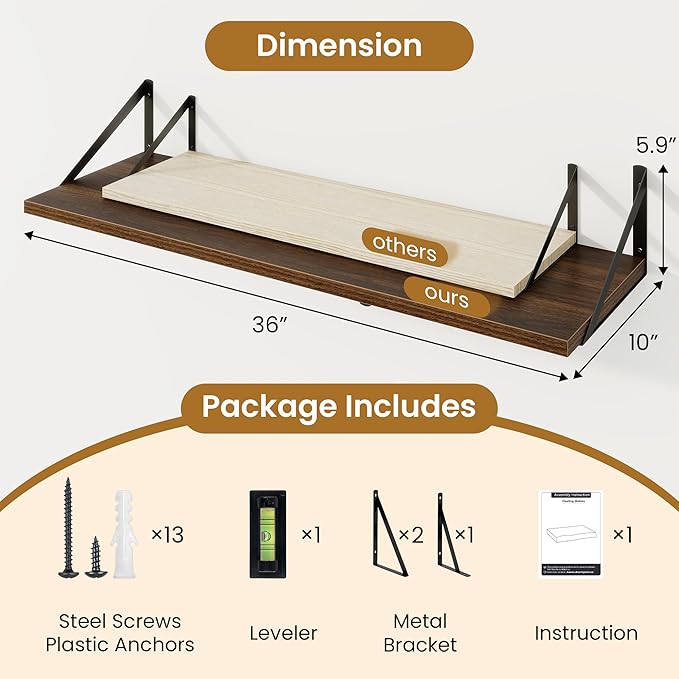 Walnut Deep Floating Shelves for Wall,36" Wx10 D Wood Wall Shelves with Metal Brackets,Hanging Storage Floating Shelf for Liv