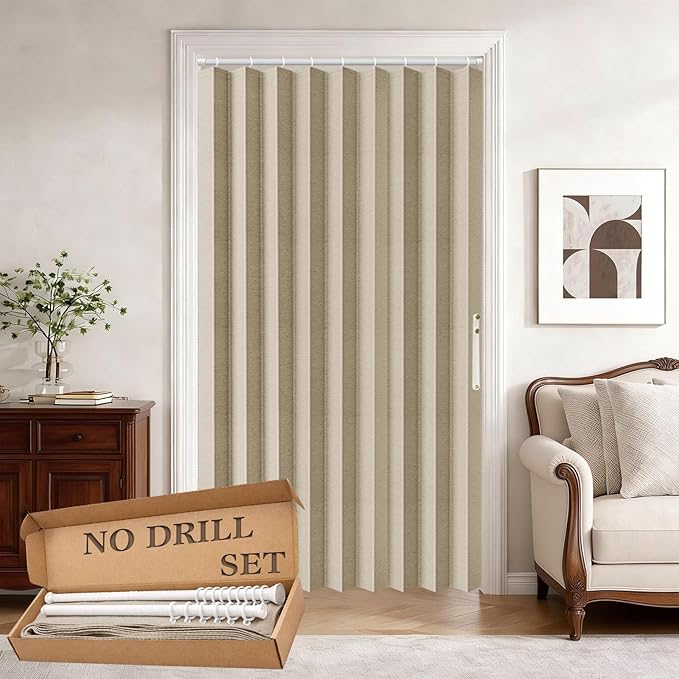 Jilron Accordion Door Curtain Set - 100% Blackout, with Curtain Rod Included, for Bedroom Privacy Protection (Beige-43 W x 78
