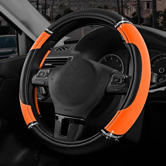 Road Comforts Leather Steering Wheel Cover - Made with PVC Leather - Anti-Slip, Universal Fit 14 1/2 inches to 15 inches - Or