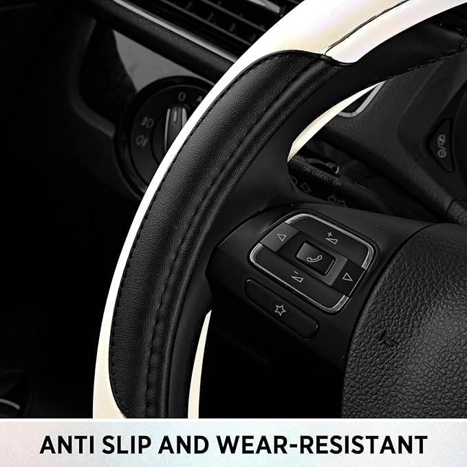 Road Comforts Leather Steering Wheel Cover - Made with PVC Leather - Anti-Slip, Universal Fit 14 1/2 inches to 15 inches - Wh