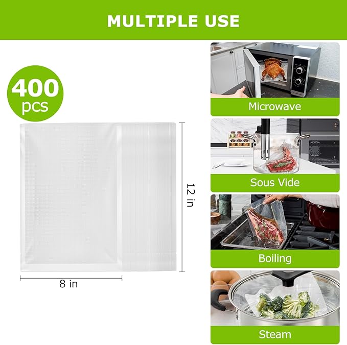 Bonsenkitchen Vacuum Sealer Bags,400 Quart 8" x 12" Precut Food Sealer Bags, Commercial Grade, BPA Free, Heavy Duty, Customiz