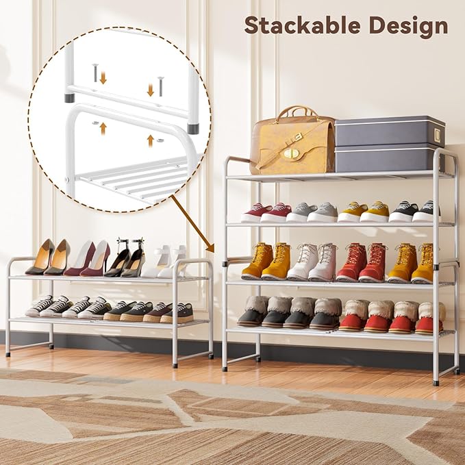 2 Tier Stackable Shoe Rack, 32.5" Wide All Metal Free Standing Shoe Storage Organizer for Entryway, Closet, White