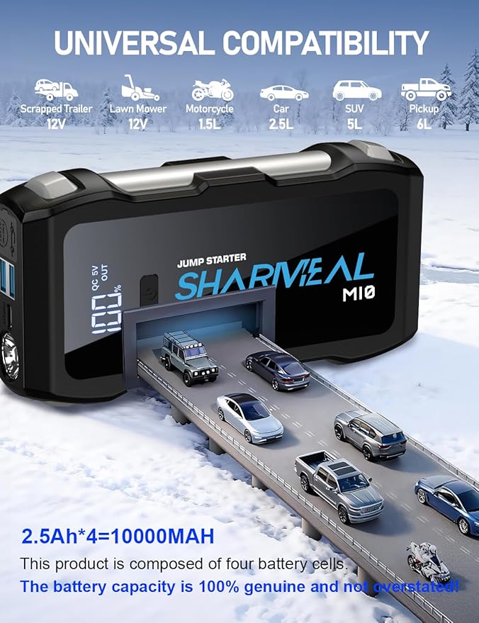 Jump Starter 6000A, 12V Car Battery Jump Starter with USB Quick Charge (Up to All Gas or 10.0L Diesel Engine), Battery