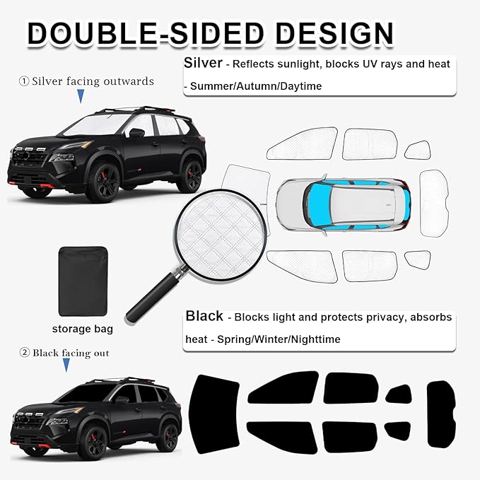 KMF Thicken Sun Shades for Nissan Rogue(Not Sport) 2021-2025 Accessories, Full Car Window Covers Sunshade for Windshield Side Rear, UV Block and Blackout Protect Privacy for Car Camping Outdoor 8pcs
