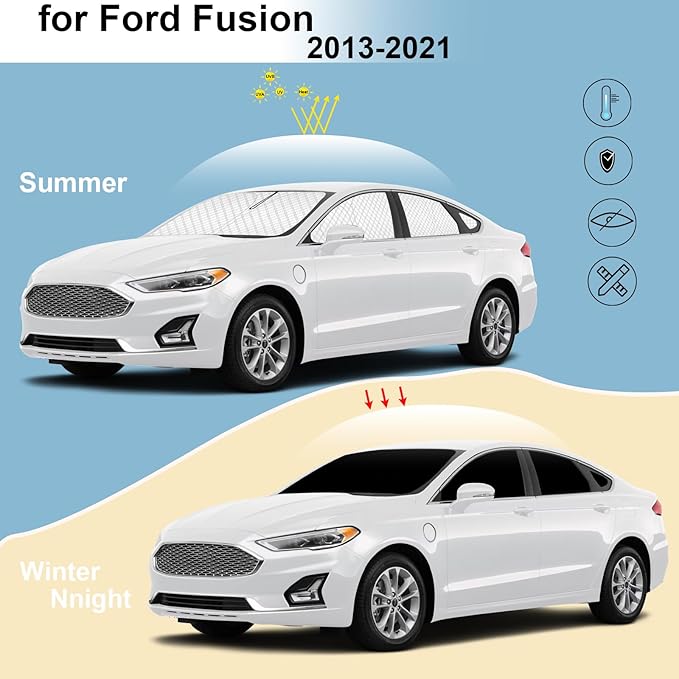 KMF 8pcs Thicken Sun Shades for Ford Fusion 2013-2021 Accessories, Full Car Window Covers Sunshade for Windshield Side Rear, UV Block and Privacy Blackout for Camping Outdoor