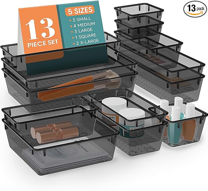 StorMiracle 13 PCS Drawer Organizer Set, 5 Varied Size Bathroom and kitchen Drawer cabinet organizer Trays, Clear Storage Bin