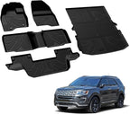 LASFIT Floor Mats & Cargo with Backrest Mat for Ford Explorer 2015-2019 7 Seats All Weather Protector TPE Easy Clean Car Floor Liner Custom Fit for 5-pc Full Set Black